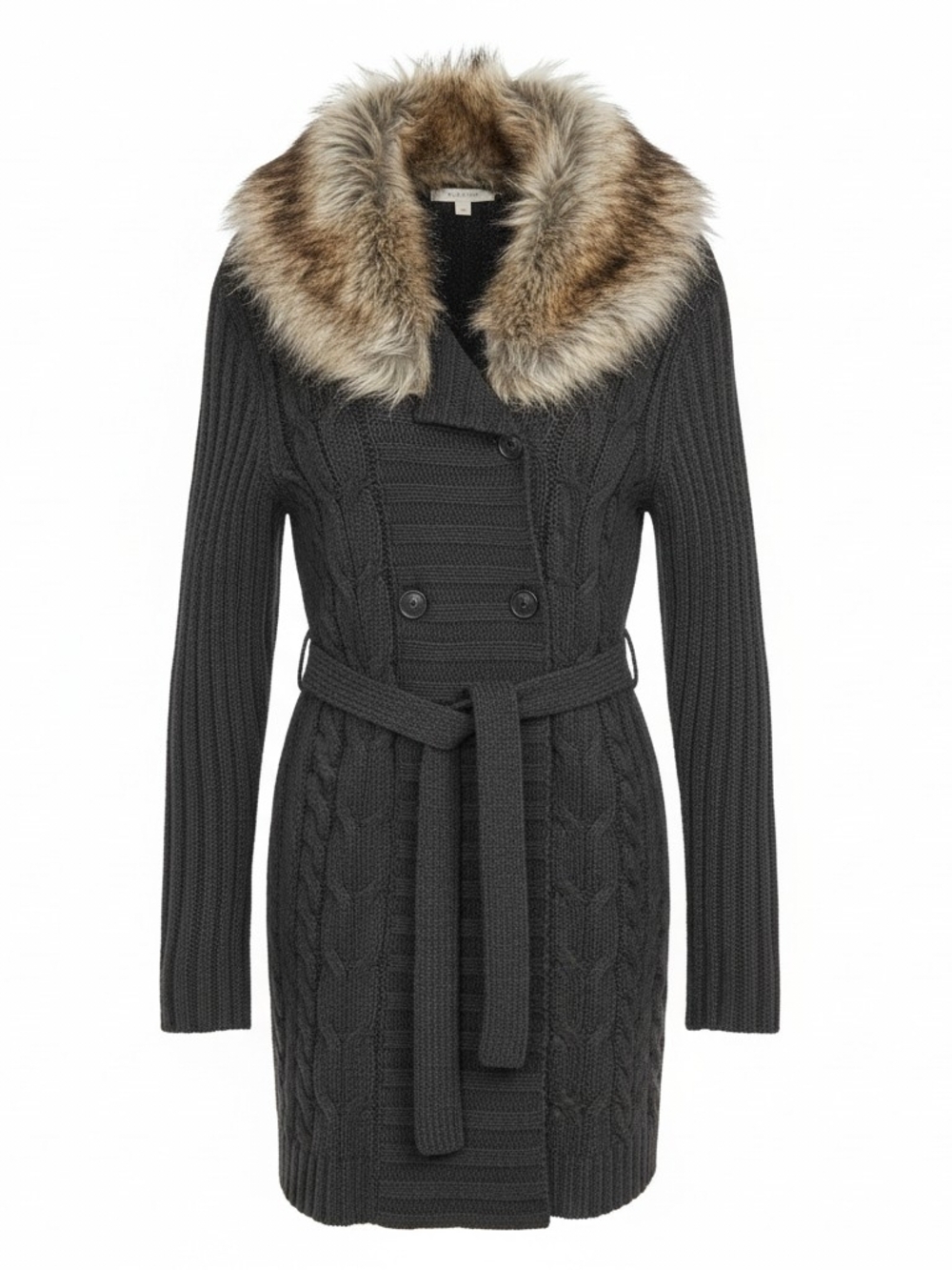Daisy Fuentes Dark Gray Knit Belted Coat with Faux Fur Collar - Picture 2 of 3